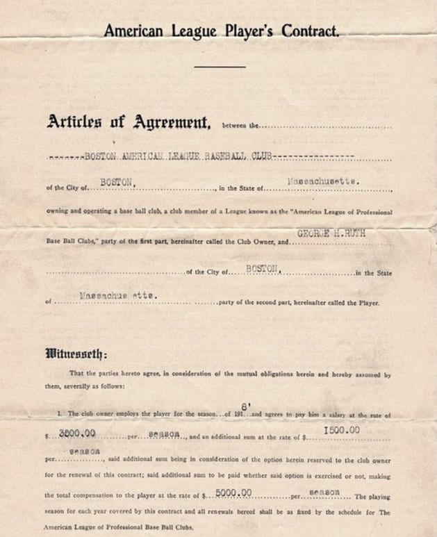 babe ruth 1918 contract
